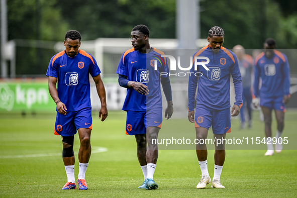 Netherlands players Quinten Timber, Brian Brobbey, and Jorrel Hato during the training and press conference for the Netherlands Nations Leag...