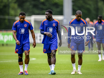 Netherlands players Quinten Timber, Brian Brobbey, and Jorrel Hato during the training and press conference for the Netherlands Nations Leag...