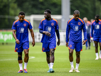 Netherlands players Quinten Timber, Brian Brobbey, and Jorrel Hato during the training and press conference for the Netherlands Nations Leag...