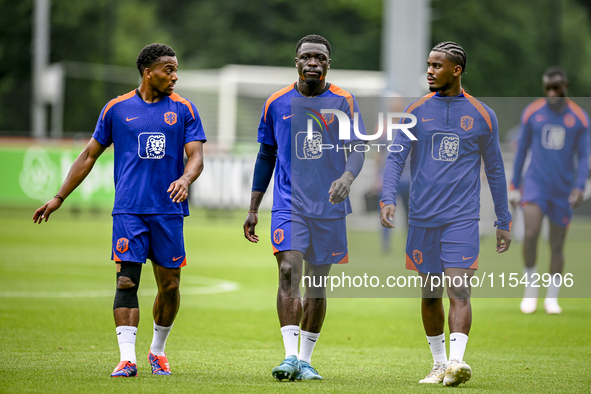 Netherlands players Quinten Timber, Brian Brobbey, and Jorrel Hato during the training and press conference for the Netherlands Nations Leag...