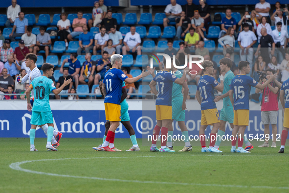 Players are in action during the Primera RFEF 2024-2025 match between FC Andorra and FC Barcelona Atletic at Estadi Nacional d'Andorra in An...