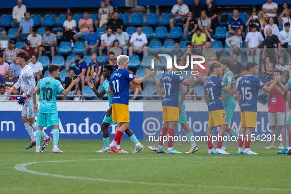 Players are in action during the Primera RFEF 2024-2025 match between FC Andorra and FC Barcelona Atletic at Estadi Nacional d'Andorra in An...