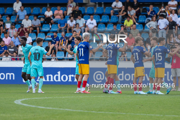 Players are in action during the Primera RFEF 2024-2025 match between FC Andorra and FC Barcelona Atletic at Estadi Nacional d'Andorra in An...