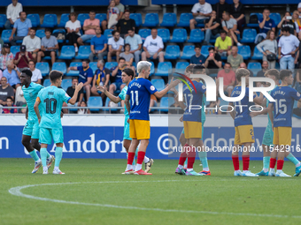 Players are in action during the Primera RFEF 2024-2025 match between FC Andorra and FC Barcelona Atletic at Estadi Nacional d'Andorra in An...