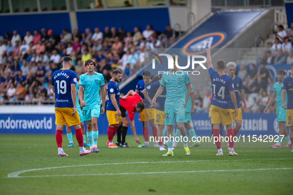 Players are in action during the Primera RFEF 2024-2025 match between FC Andorra and FC Barcelona Atletic at Estadi Nacional d'Andorra in An...