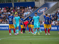 Players are in action during the Primera RFEF 2024-2025 match between FC Andorra and FC Barcelona Atletic at Estadi Nacional d'Andorra in An...