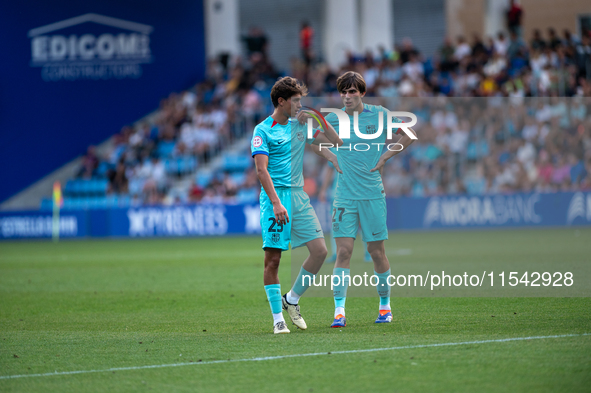 Players are in action during the Primera RFEF 2024-2025 match between FC Andorra and FC Barcelona Atletic at Estadi Nacional d'Andorra in An...