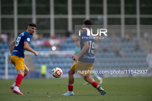 Players are in action during the Primera RFEF 2024-2025 match between FC Andorra and FC Barcelona Atletic at Estadi Nacional d'Andorra in An...