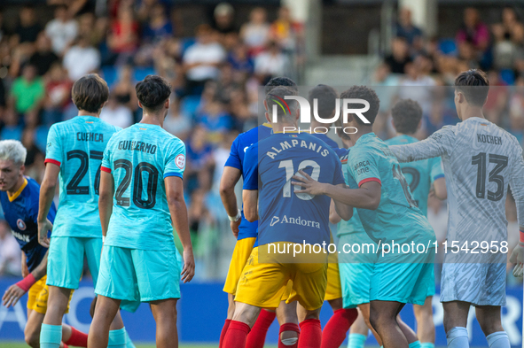 Players are in action during the Primera RFEF 2024-2025 match between FC Andorra and FC Barcelona Atletic at Estadi Nacional d'Andorra in An...