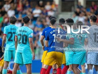 Players are in action during the Primera RFEF 2024-2025 match between FC Andorra and FC Barcelona Atletic at Estadi Nacional d'Andorra in An...