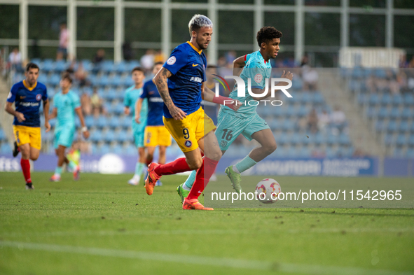 Manu Nieto of FC Andorra is in action during the Primera RFEF 2024-2025 match between FC Andorra and FC Barcelona Atletic at Estadi Nacional...