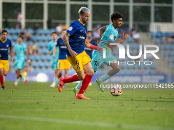 Manu Nieto of FC Andorra is in action during the Primera RFEF 2024-2025 match between FC Andorra and FC Barcelona Atletic at Estadi Nacional...