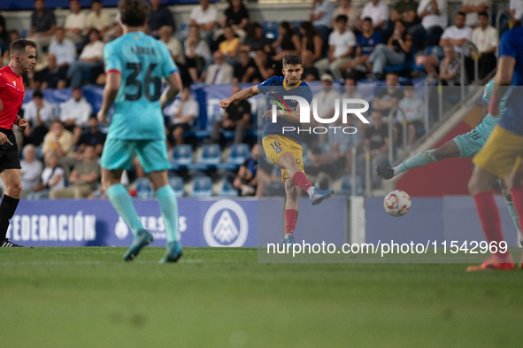 Alvaro Pena is in action during the Primera RFEF 2024-2025 match between FC Andorra and FC Barcelona Atletic at Estadi Nacional d'Andorra in...