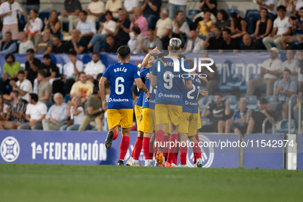 FC Andorra players celebrate after scoring a goal during the Primera RFEF 2024-2025 match between FC Andorra and FC Barcelona Atletic at Est...