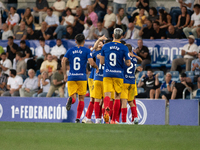 FC Andorra players celebrate after scoring a goal during the Primera RFEF 2024-2025 match between FC Andorra and FC Barcelona Atletic at Est...