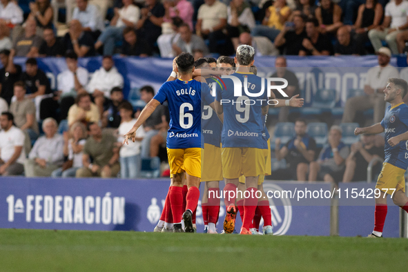 FC Andorra players celebrate after scoring a goal during the Primera RFEF 2024-2025 match between FC Andorra and FC Barcelona Atletic at Est...