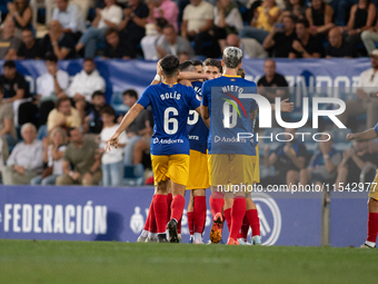 FC Andorra players celebrate after scoring a goal during the Primera RFEF 2024-2025 match between FC Andorra and FC Barcelona Atletic at Est...