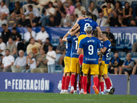 FC Andorra players celebrate after scoring a goal during the Primera RFEF 2024-2025 match between FC Andorra and FC Barcelona Atletic at Est...