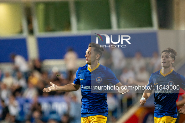 Alvaro Martin of FC Andorra celebrates after scoring a goal during the Primera RFEF 2024-2025 match between FC Andorra and FC Barcelona Atle...