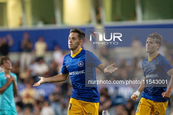 Alvaro Martin of FC Andorra celebrates after scoring a goal during the Primera RFEF 2024-2025 match between FC Andorra and FC Barcelona Atle...