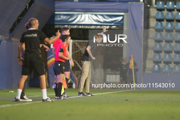 In Andorra La Vella, Andorra, on August 31, 2024, Albert Sanchez, coach of FC Barcelona Atletic, looks on during the Primera RFEF 2024-2025...