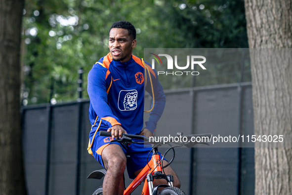 Netherlands player Jurrien Timber participates in the training and press conference for the Netherlands Nations League season 2024-2025 at t...