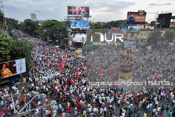 Various left front union members protest in Kolkata, India, on September 3, 2024, against the rape and murder of a second-year doctor at RG...