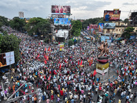 Various left front union members protest in Kolkata, India, on September 3, 2024, against the rape and murder of a second-year doctor at RG...