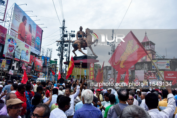 Various left front union members protest in Kolkata, India, on September 3, 2024, against the rape and murder of a second-year doctor at RG...