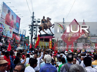 Various left front union members protest in Kolkata, India, on September 3, 2024, against the rape and murder of a second-year doctor at RG...