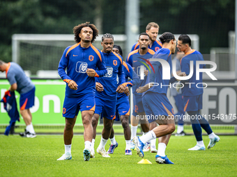 Netherlands player Joshua Zirkzee and Netherlands player Jorrel Hato during the training and press conference for the Netherlands Nations Le...