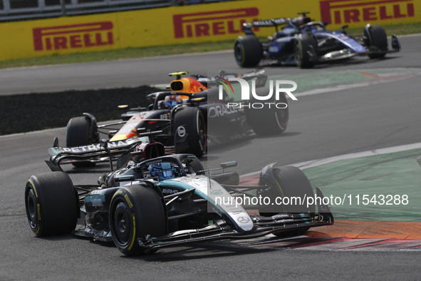 George Russell of the UK drives the (63) Mercedes-AMG Petronas F1 Team F1 W15 E Performance Mercedes during the race of the Formula 1 Pirell...