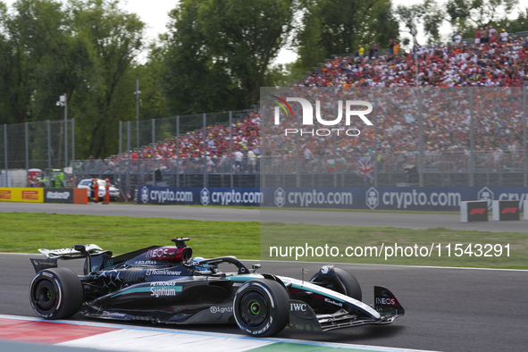 George Russell of the UK drives the (63) Mercedes-AMG Petronas F1 Team F1 W15 E Performance Mercedes during the race of the Formula 1 Pirell...