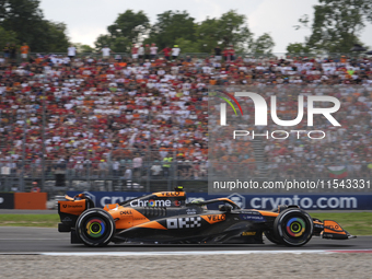 Lando Norris of the UK drives the (4) McLaren F1 Team MCL38 Mercedes during the race of the Formula 1 Pirelli Gran Premio d'Italia 2024 in M...