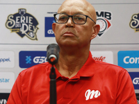 Lorenzo Bundy, manager of the Diablos Rojos of Mexico, speaks during a press conference to announce his pitching rotation to face Sultanes d...