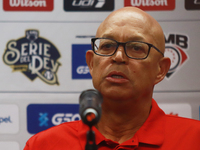 Lorenzo Bundy, manager of the Diablos Rojos of Mexico, speaks during a press conference to announce his pitching rotation to face Sultanes d...