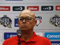 Lorenzo Bundy, manager of the Diablos Rojos of Mexico, speaks during a press conference to announce his pitching rotation to face Sultanes d...