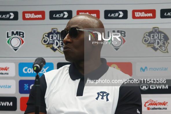 Roberto Kelly, manager of Sultanes de Monterrey, speaks at a press conference about how he will face Diablos Rojos in the Mexican Baseball L...