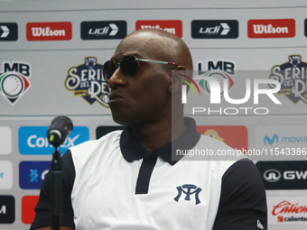 Roberto Kelly, manager of Sultanes de Monterrey, speaks at a press conference about how he will face Diablos Rojos in the Mexican Baseball L...