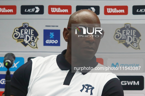 Roberto Kelly, manager of Sultanes de Monterrey, speaks at a press conference about how he will face Diablos Rojos in the Mexican Baseball L...