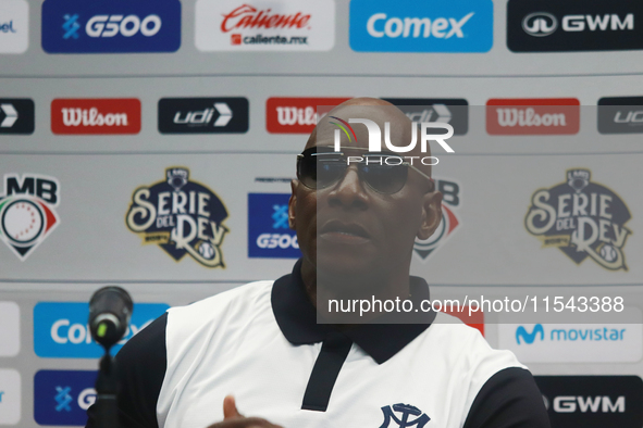 Roberto Kelly, manager of Sultanes de Monterrey, speaks at a press conference about how he will face Diablos Rojos in the Mexican Baseball L...