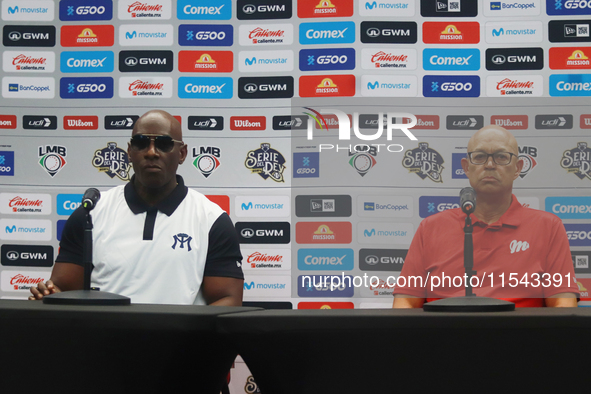 Roberto Kelly, manager of Sultanes de Monterrey, and Lorenzo Bundy, manager of Diablos Rojos, attend a press conference for the Mexican Base...