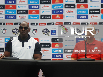 Roberto Kelly, manager of Sultanes de Monterrey, and Lorenzo Bundy, manager of Diablos Rojos, attend a press conference for the Mexican Base...