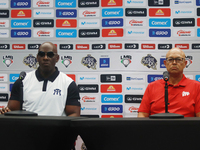 Roberto Kelly, manager of Sultanes de Monterrey, and Lorenzo Bundy, manager of Diablos Rojos, attend a press conference for the Mexican Base...