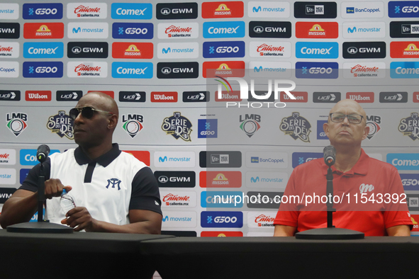 Roberto Kelly, manager of Sultanes de Monterrey, and Lorenzo Bundy, manager of Diablos Rojos, attend a press conference for the Mexican Base...