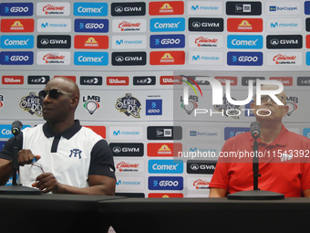 Roberto Kelly, manager of Sultanes de Monterrey, and Lorenzo Bundy, manager of Diablos Rojos, attend a press conference for the Mexican Base...