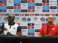 Roberto Kelly, manager of Sultanes de Monterrey, and Lorenzo Bundy, manager of Diablos Rojos, attend a press conference for the Mexican Base...