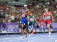 Jaydin Blackwell of United States of America celebrates winning gold in Men's 400m - T38 Final during the Paris 2024 Paralympic Games at Sta...