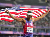 Jaydin Blackwell of United States of America celebrates winning gold in Men's 400m - T38 Final during the Paris 2024 Paralympic Games at Sta...