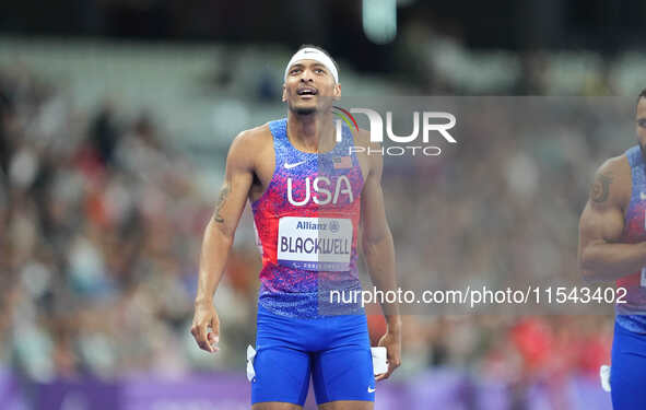 Jaydin Blackwell of United States of America celebrates winning gold in Men's 400m - T38 Final during the Paris 2024 Paralympic Games at Sta...